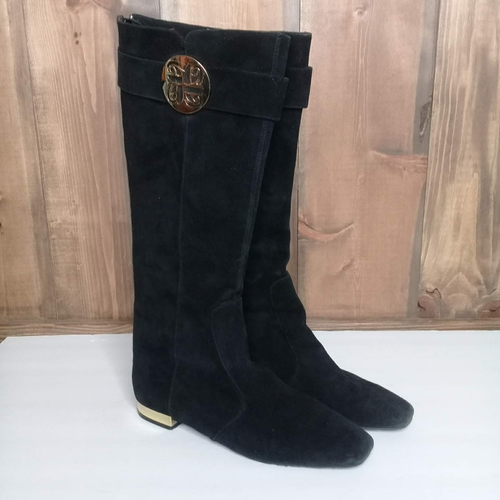Penny Loves Kenny Tabi Black Suede Over Calf Knee High Boot Gold Accent Sz 6.5